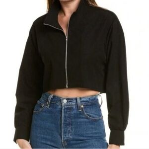 AREA STARS Waffle Knit Crop Front Zip Lightweight Oversized Collar Jacket, Black